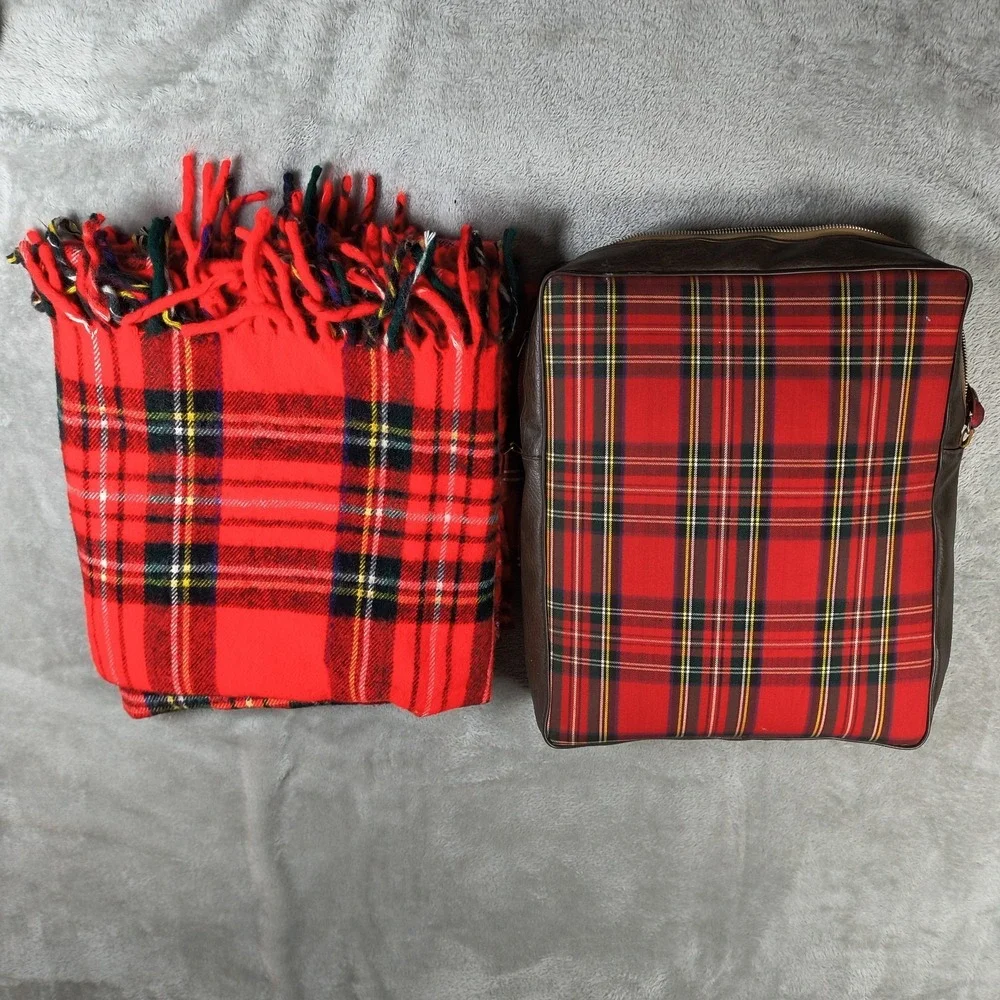 Vintage Troy Leisure Blanket‎ And Bag Red Plaid Tartan Carrying Case Made In USA